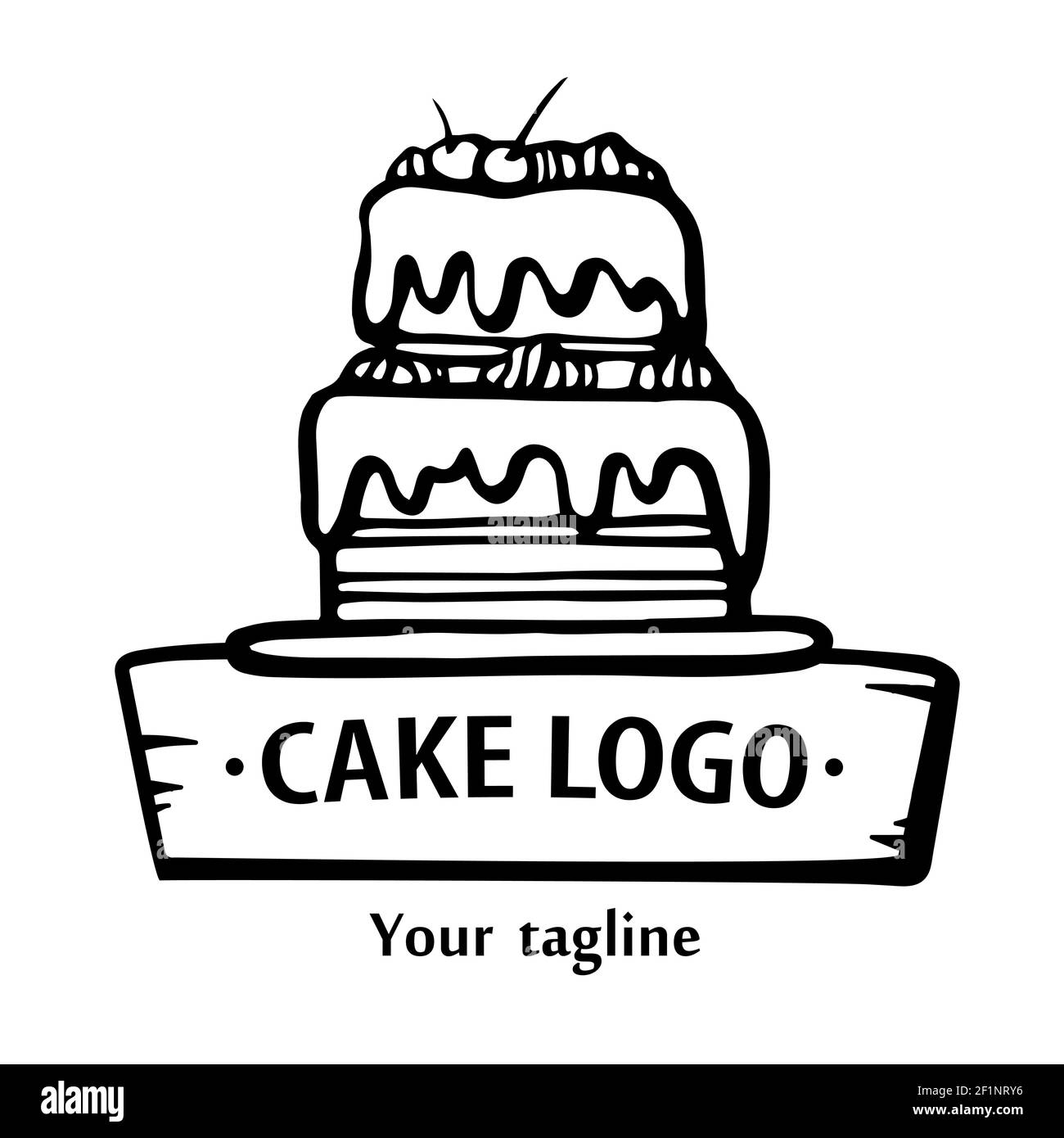 Bakery logo. Hand drawn vector illustration of cake. Cake line emblem