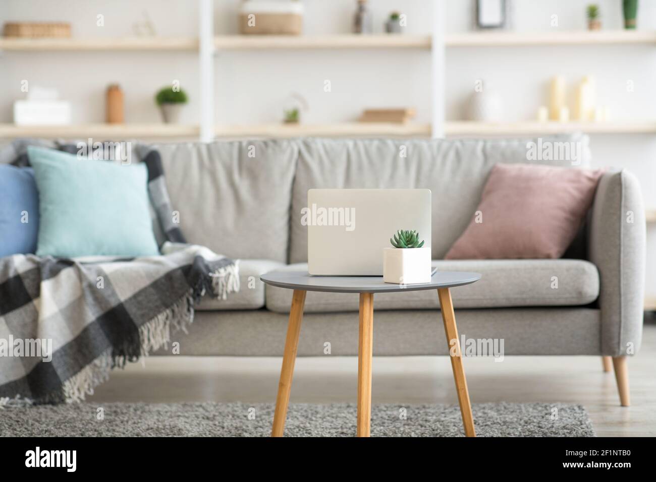 Minimalist workspace at home during covid-19 pandemic. Gray sofa with ...