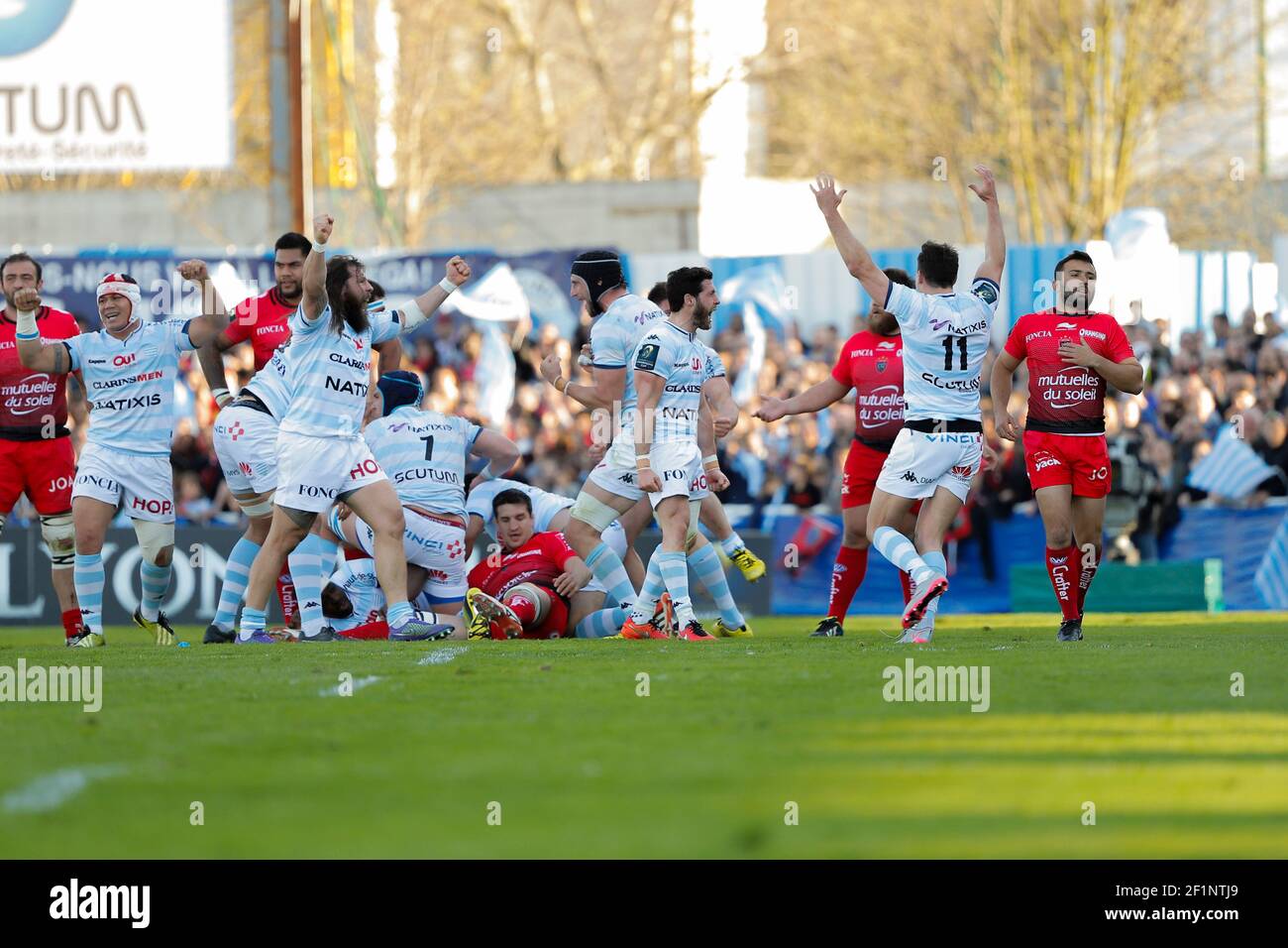 Maxime MACHENAUD (Racing Metro 92), Juan Jose Imhoff (Racing Metro 92), Martin CASTROGIOVANNI (Pilier Racing Metro 92) celebrated it victory during the European Rugby Champions Cup quarter final Rugby Union match between Racing Metro 92 and RC Toulon on April 10, 2016 at Yves du Manoir stadium in Colombes, France - Photo Stephane Allaman / DPPI Stock Photo