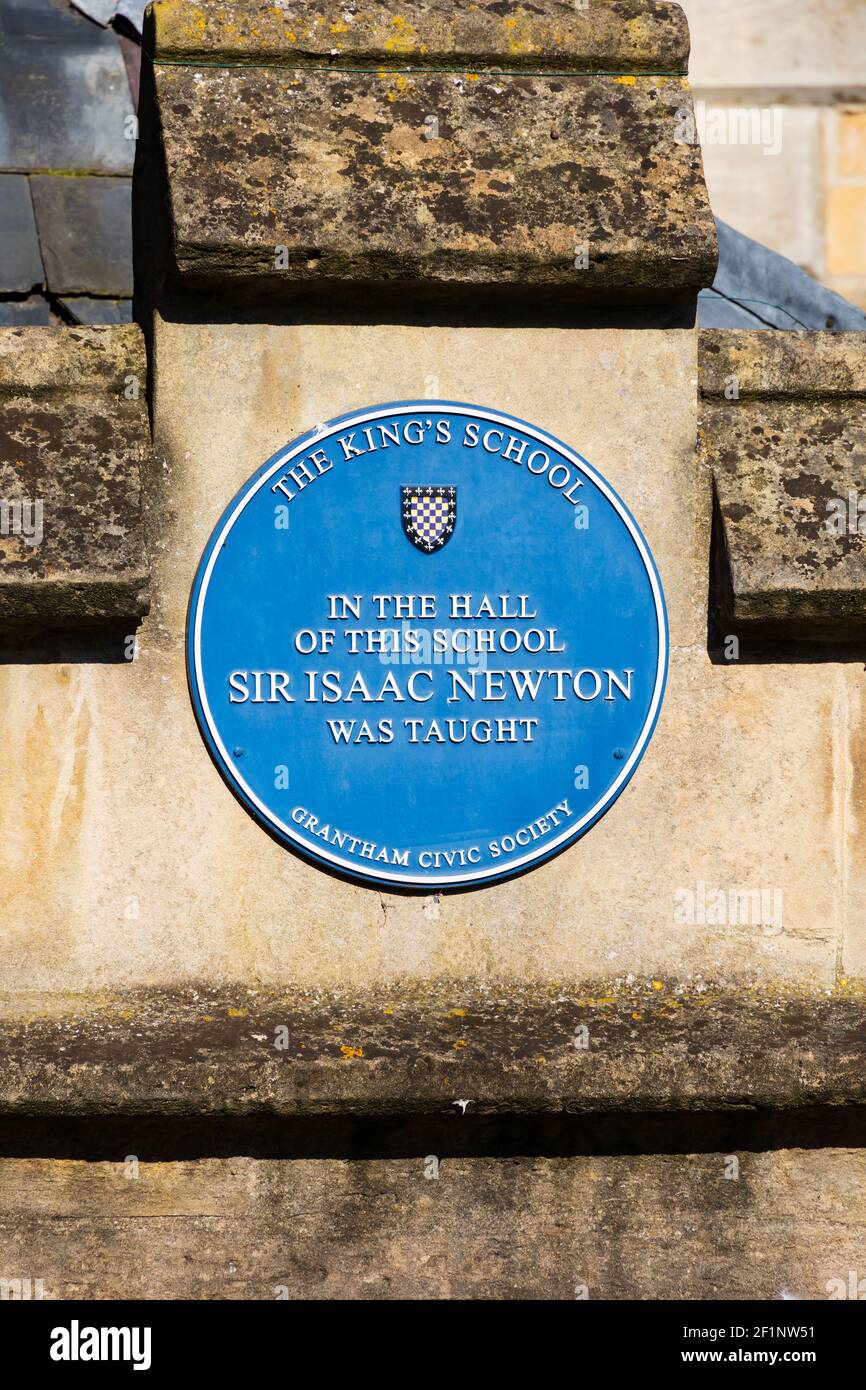 Blue plaque on the old Kings School Hall, attended by Sir Isaac Newton. Grantham, Lincolnshire, England. Stock Photo