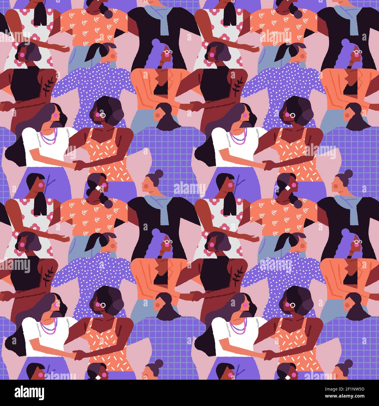 Women seamless pattern design. Diverse woman crowd holding hands ...