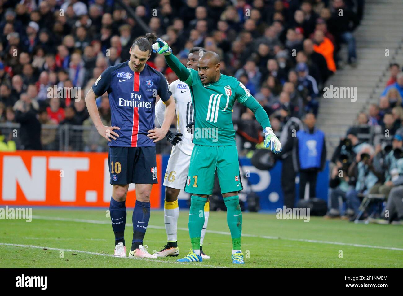 Vincent ENYEAMA (Lille OSC), Zlatan Ibrahimovic (psg), Ibrahim AMADOU (Lille OSC) during the French League Cup final football match between Paris Saint Germain and Lille on April 23, 2016 at Stade de France in Saint-Denis, near Paris, France - Photo Stephane Allaman / DPPI Stock Photo