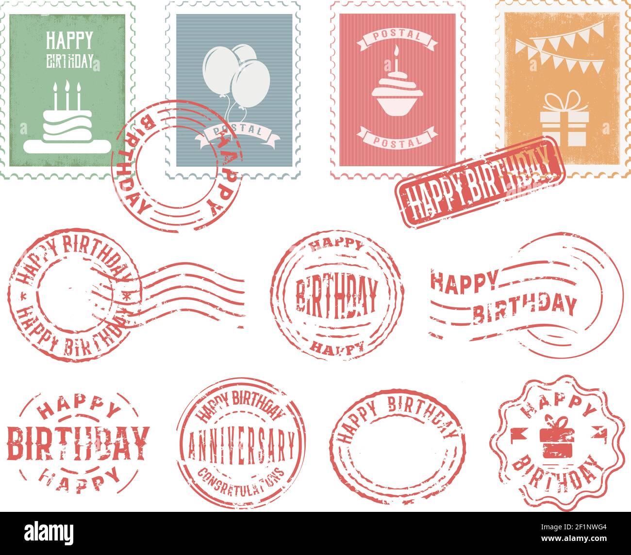 Colorful decorative stamps and postmarks set for birthday greeting
