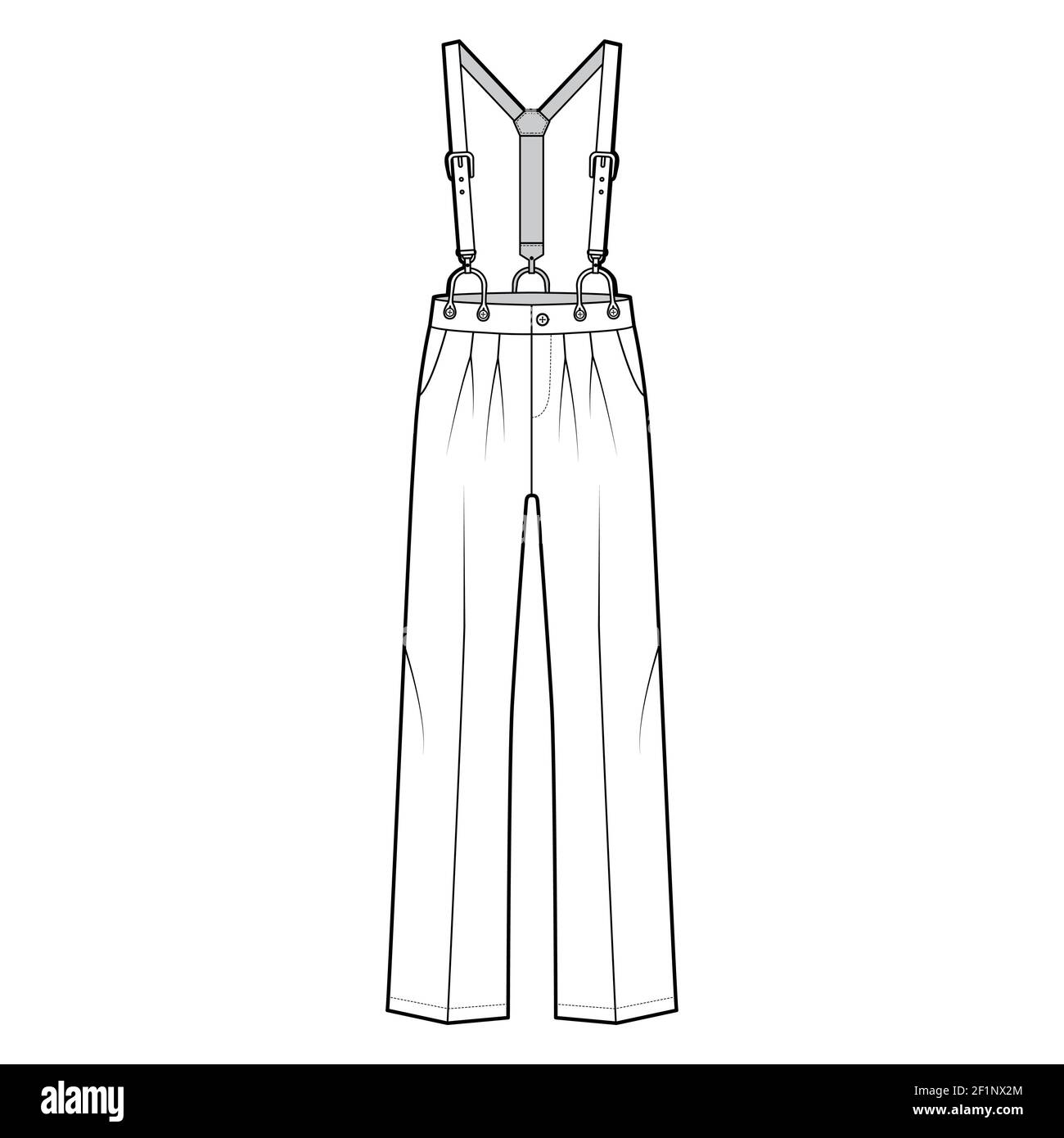 Suspender Pants Dungarees technical fashion illustration with full length, low waist, rise, pockets. Flat apparel garment bottom front, white color style. Women, men unisex CAD mockup Stock Vector