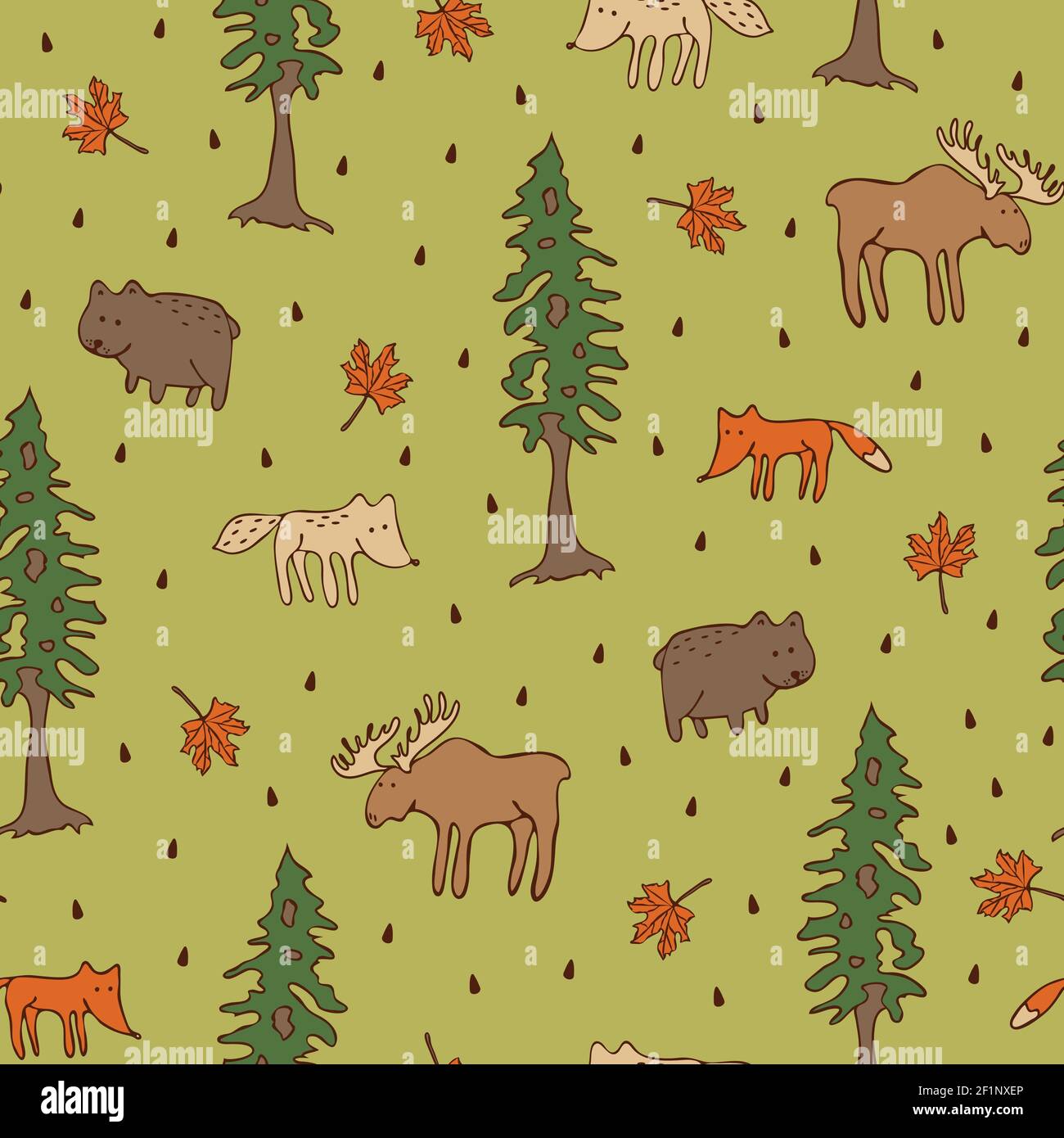 Seamless vector pattern with forest animals on green background. Cute hand  drawn woodland wallpaper design with trees, fox and bear Stock Vector Image  & Art - Alamy