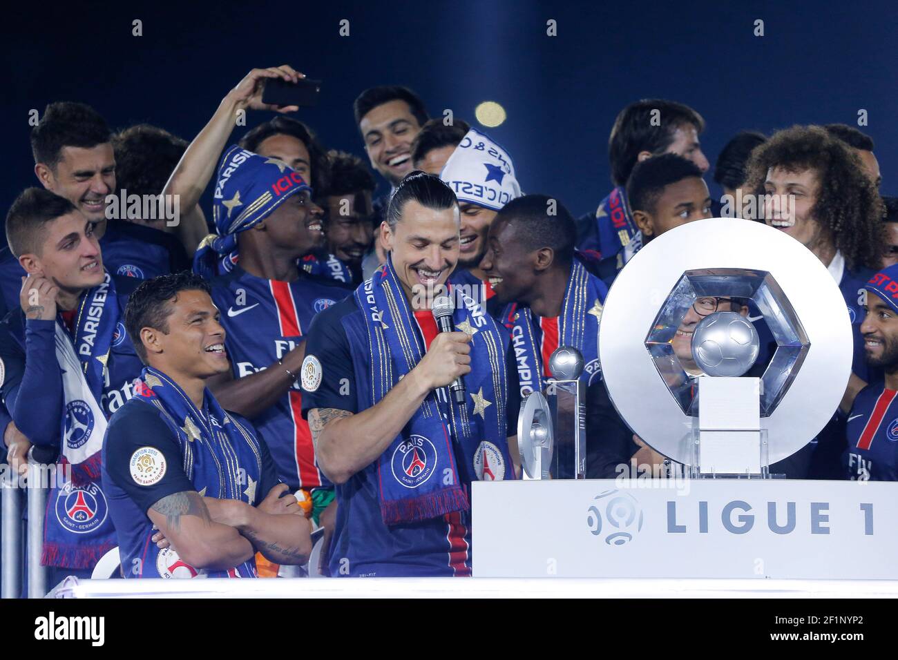 Zlatan Ibrahimovic (psg) had a speech on podium with other players and  Nasser Al-Khelaifi (psg) during the French Championship Ligue 1 football  match between Paris Saint Germain and FC Nantes on May