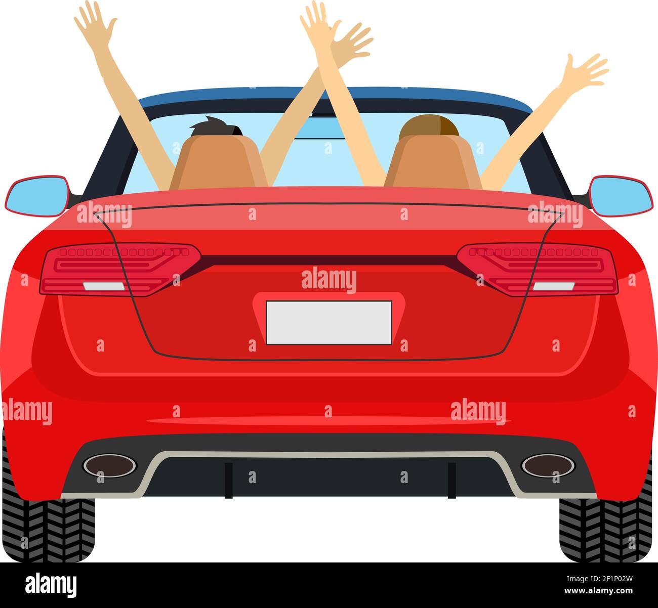 couple in car driving with arms raised. Stock Vector