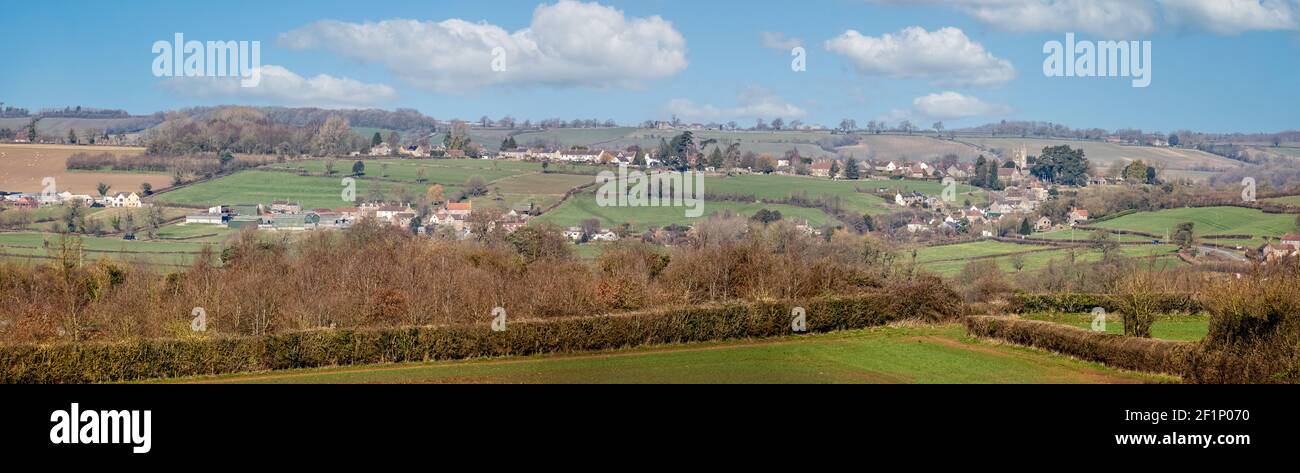 Panoramic view towards Buckland Dinham in Somerset, UK from the East Mendip Way footpath Stock Photo