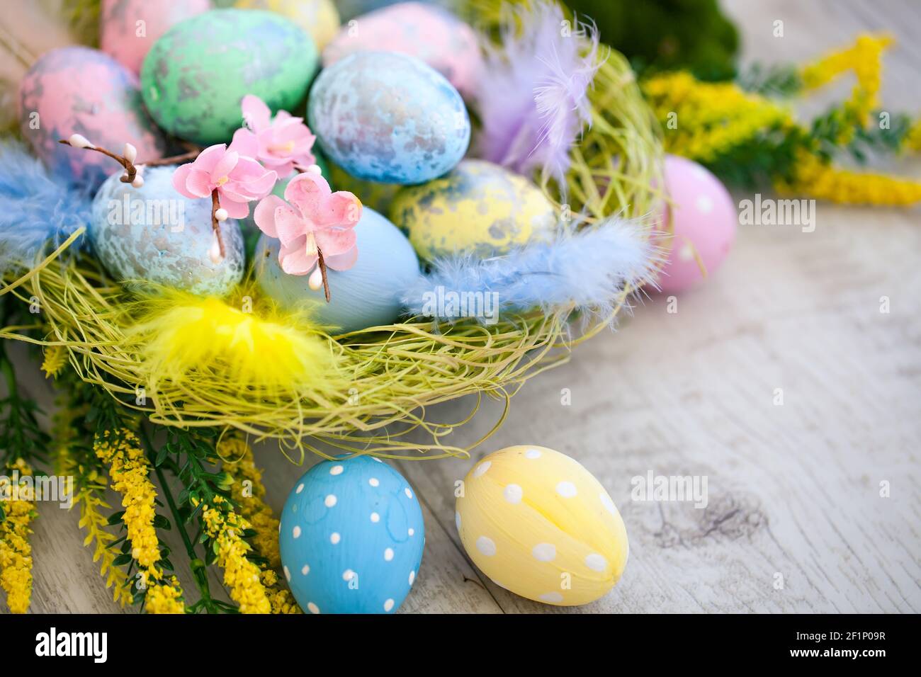 Happy Easter. Congratulatory easter background. Background with copy space. Selective focus. horizontal. Stock Photo