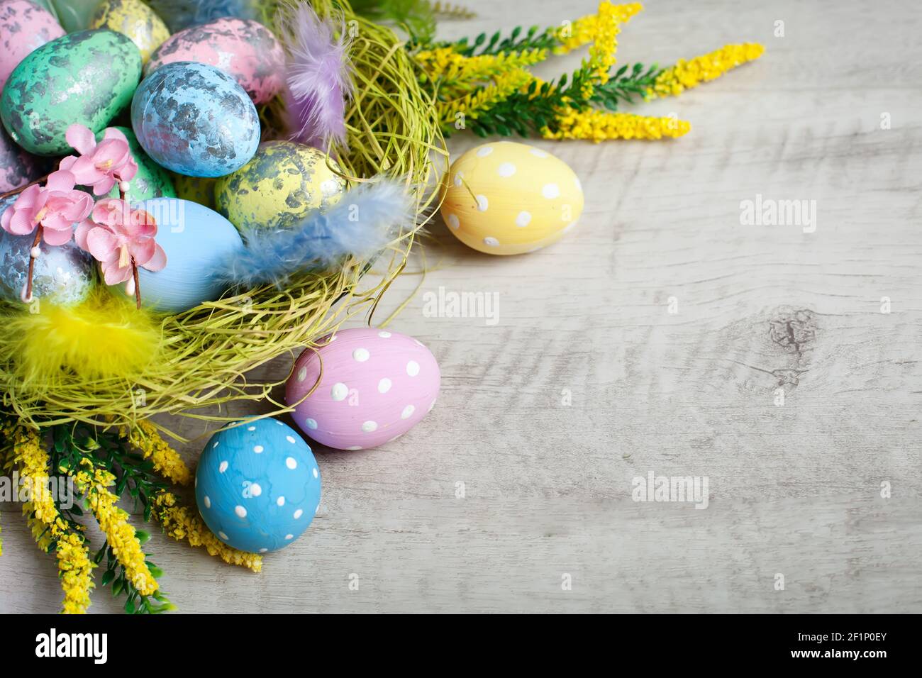 Happy Easter. Congratulatory easter background. Background with copy space. Selective focus. Horizontal. Stock Photo