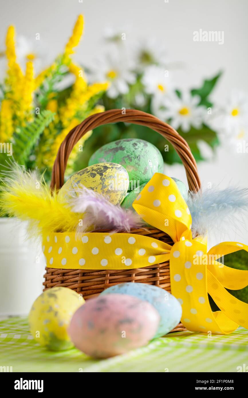 Happy Easter. Congratulatory easter background. Background with copy space. Selective focus. Stock Photo