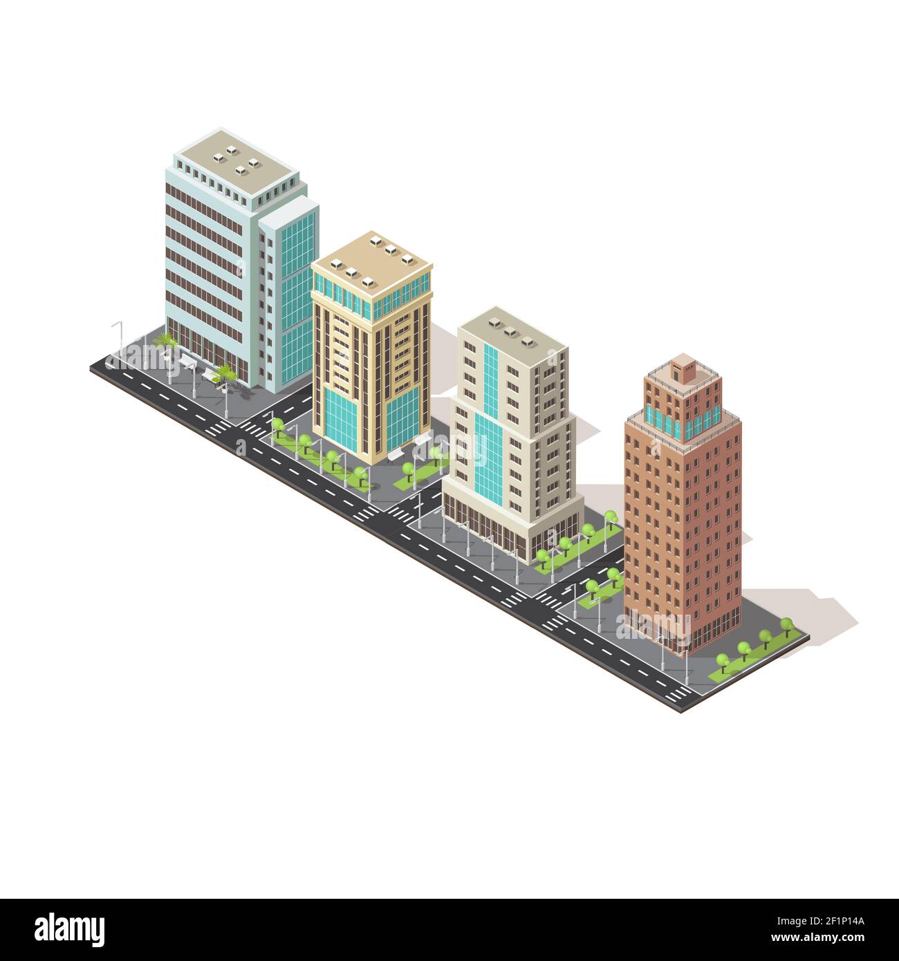Office tall buildings isometric design with trees road and street lighting on white background vector illustration Stock Vector