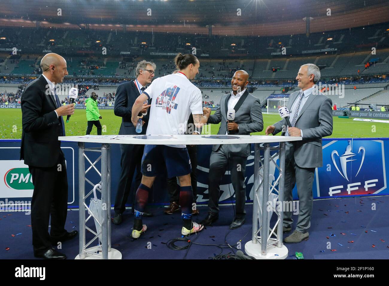 Zlatan Ibrahimovic (psg), Olivier Dacourt, Laurent Blanc (psg) on  broadcasting live tv program for Eurosport during the French Cup Final  football match between Olympique de Marseille and Paris Saint Germain on May