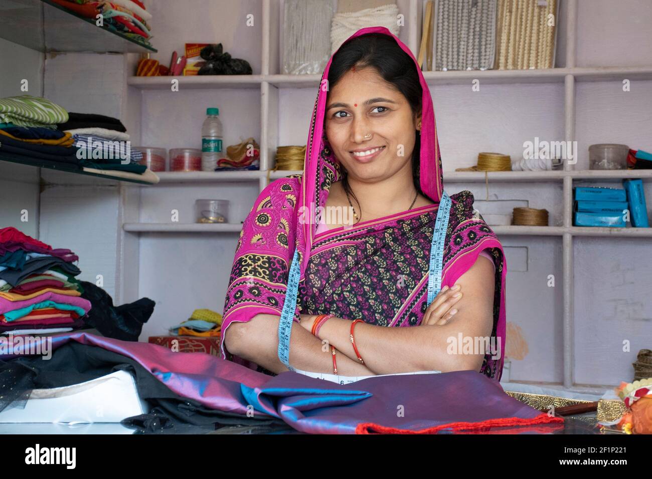 portrait of indian woman tailor at workshop Stock Photo