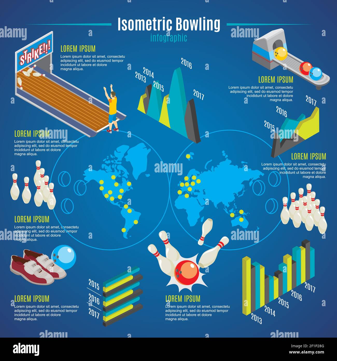 Isometric bowling infographic template with pins balls shoes player