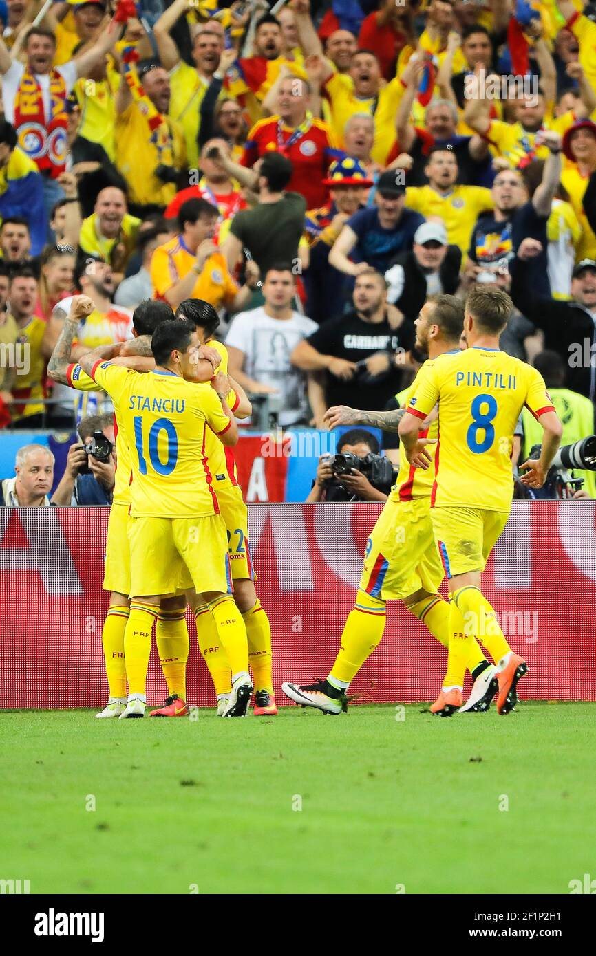 Bogdan Stancu (ROU) (Romanian Football Federation (FRF)) scored a goal on  penalty and celebrated it with Cristian Sapunaru (ROU) (Romanian Football  Federation (FRF)) and Nicolae Stanciu (ROU) (Romanian Football Federation  (FRF)) during
