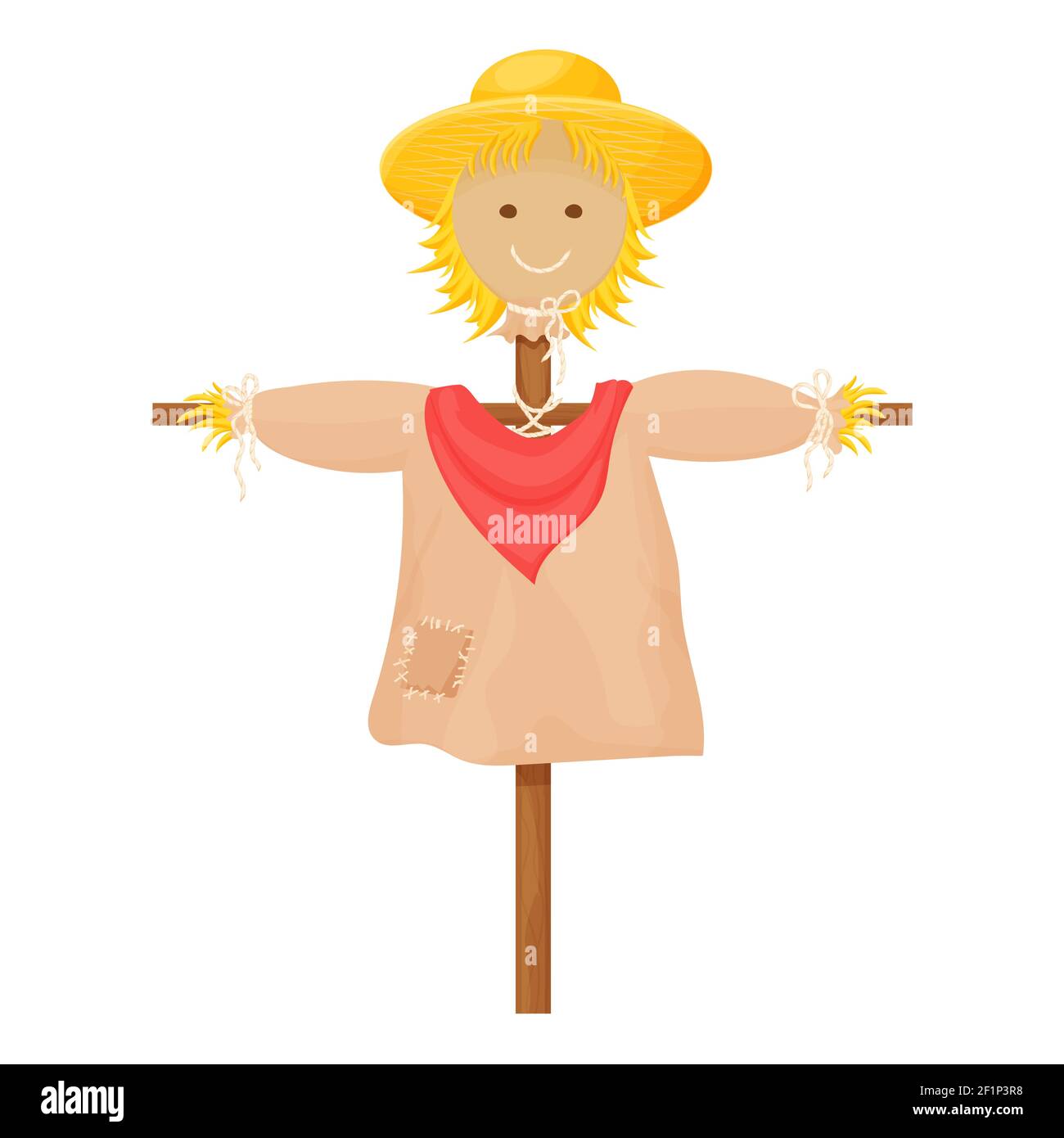 Scarecrow smiling in cartoon style with straw, funny hat isolated on white background. Garden, rural decoration. Srasonal fa element. . Vector illustr Stock Vector