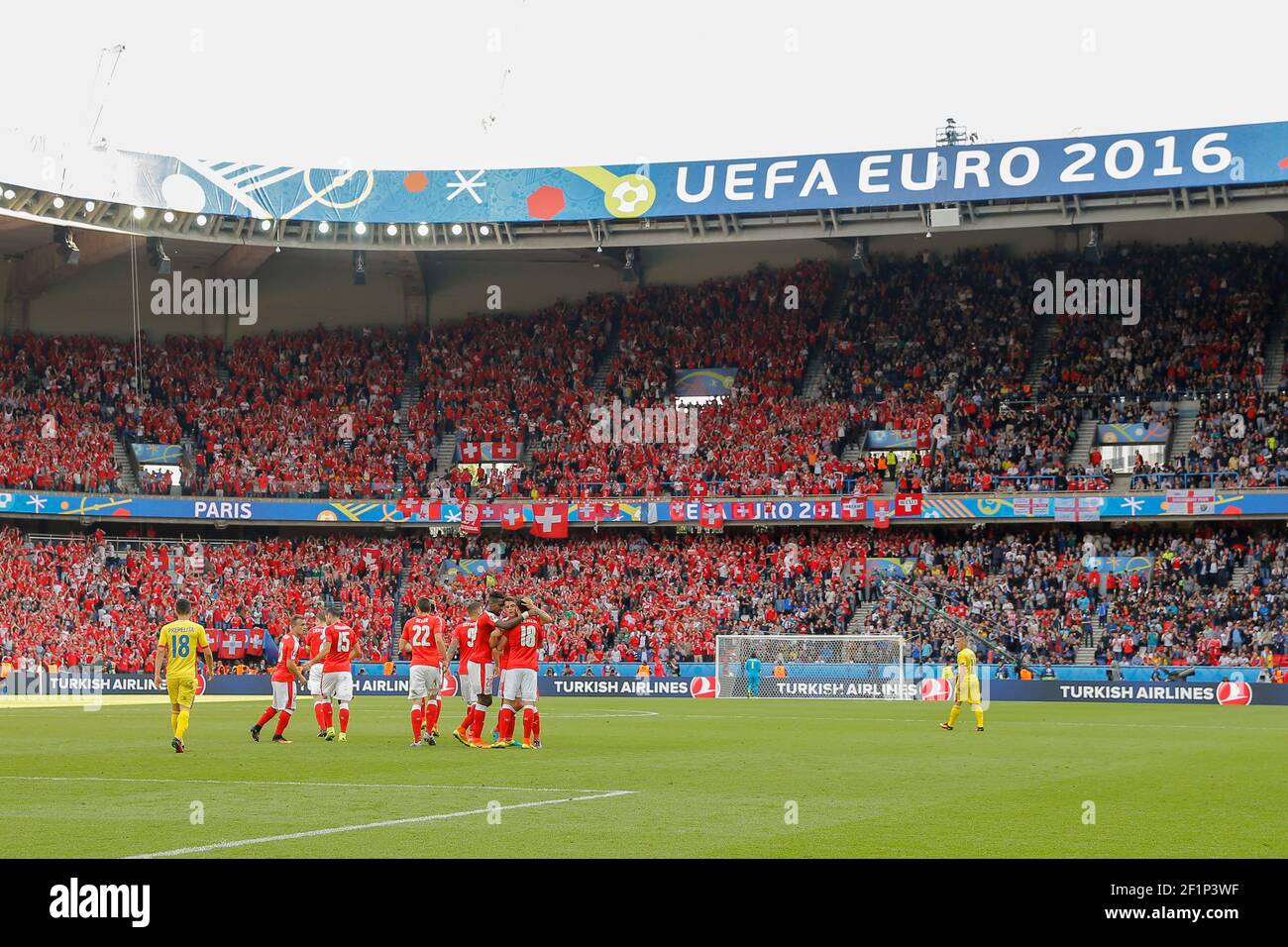 Admir Mehmedi (SUI) scored a goal and celebrated it with partners during the UEFA Euro 2016, Group A football match between Romania and Switzerland on June 15, 2016 at Parc des Princes stadium in Paris, France - Photo Stephane Allaman / DPPI Stock Photo