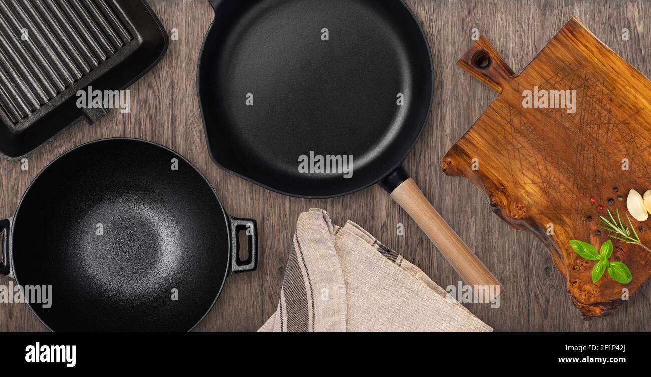 Empty cast iron frying pan. Stock Photo