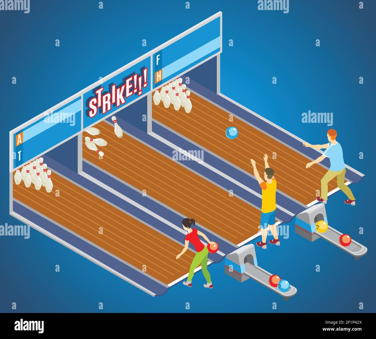 Isometric bowling game concept with players throwing balls into pins on