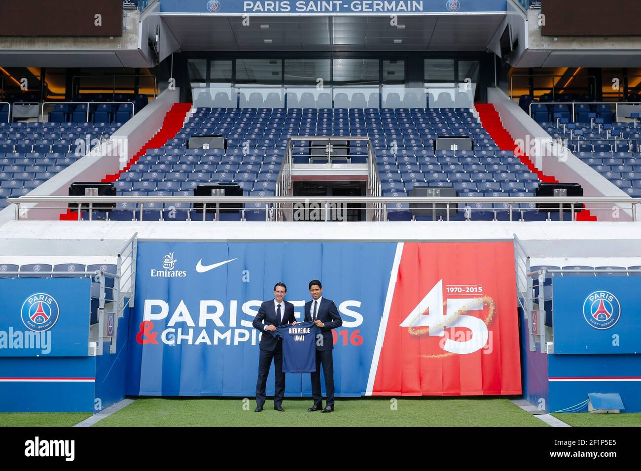 Nasser Al-Khelaifi (psg) and Unai Emery (PSG) during the presentation of Paris  Saint-Germain new coach Unai with it shirt on July 4, 2016 at Parc des  Princes stadium in Paris, France -