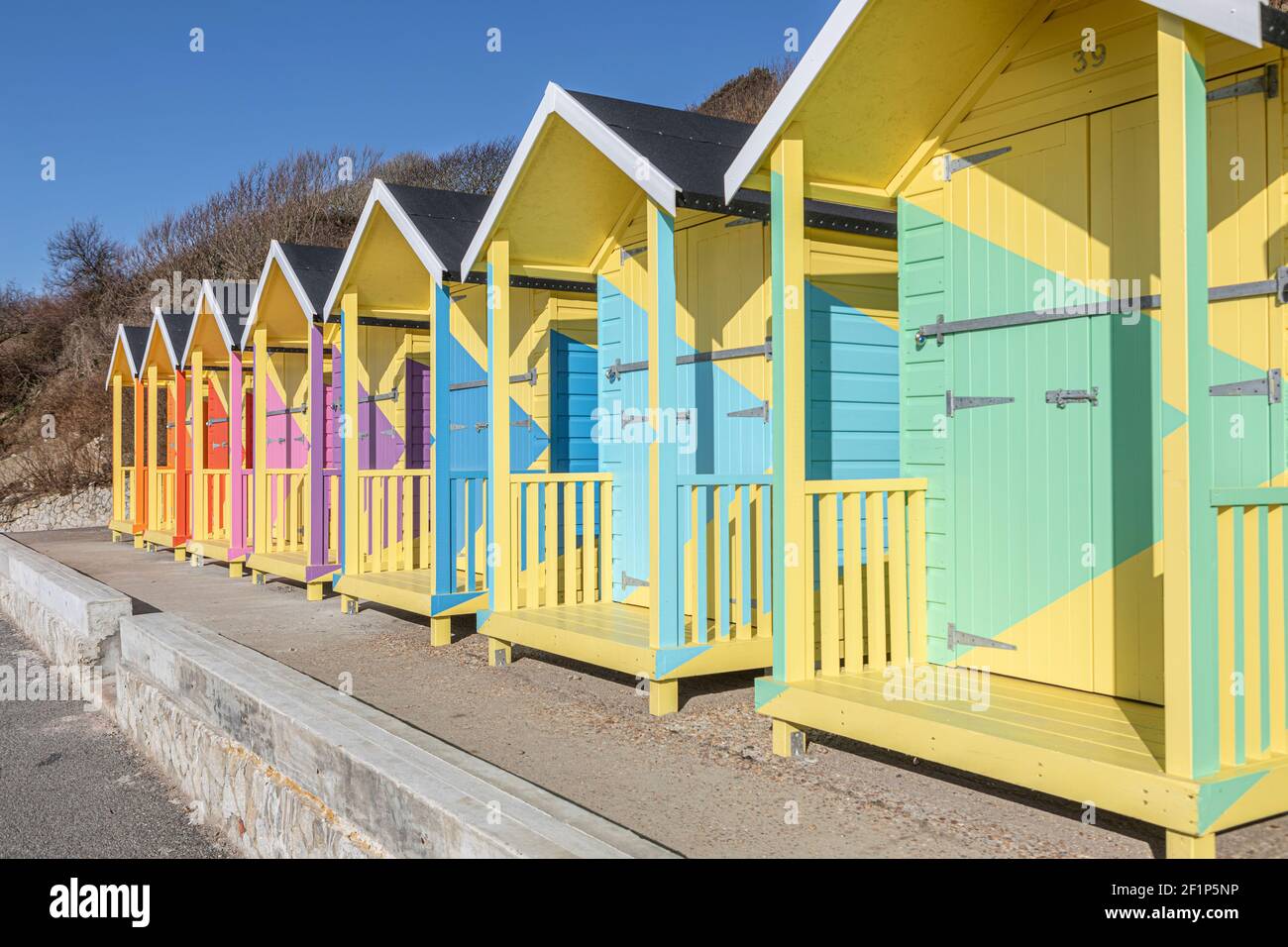 Newly decorated beach huts at Folkestone, Kent Stock Photo Alamy