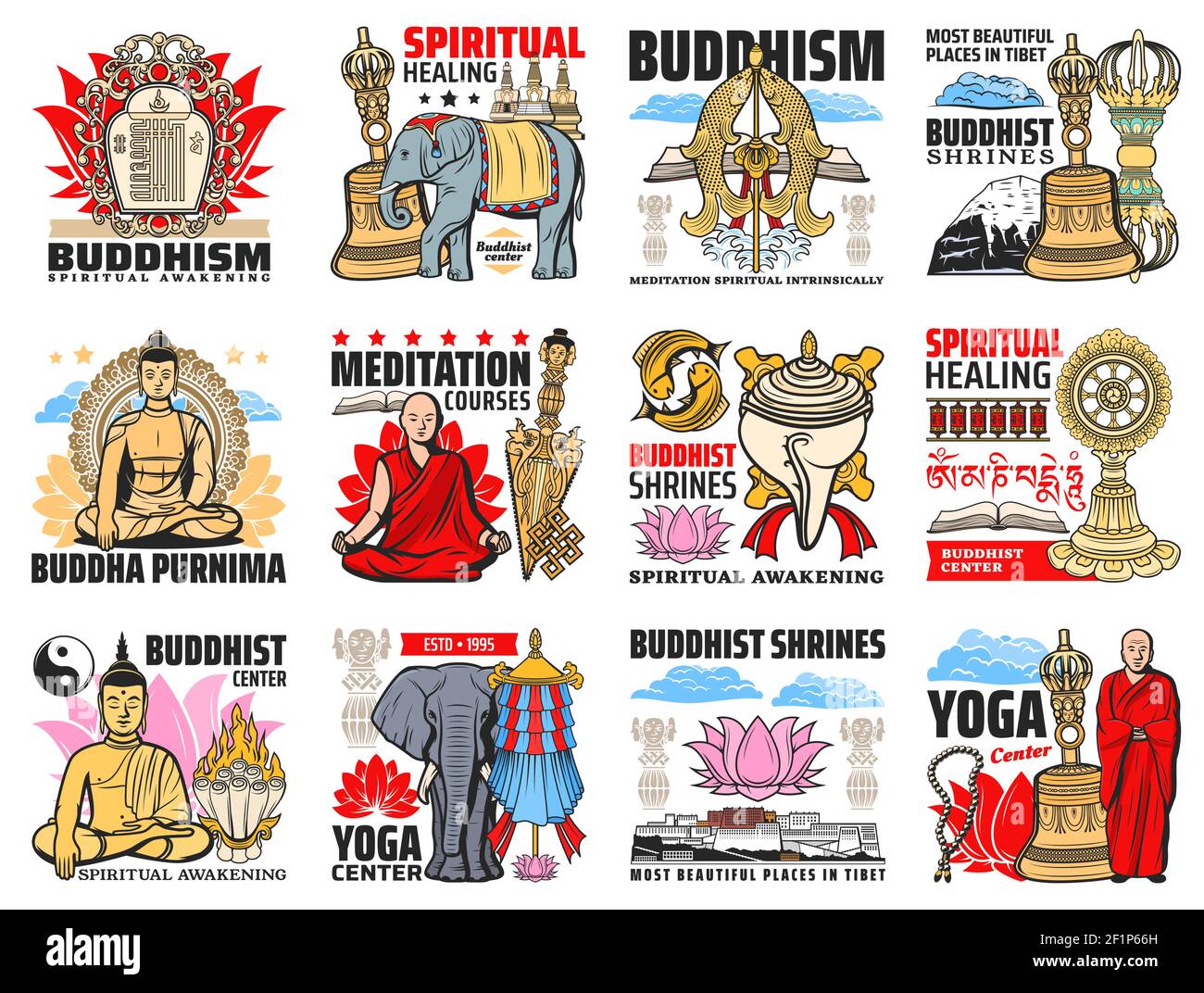 Buddhism religion icons, Buddha meditation and Buddhist Zen symbols, vector. Buddhism spiritual meditation and yoga center sign of Dharma wheel, Yin Y Stock Vector