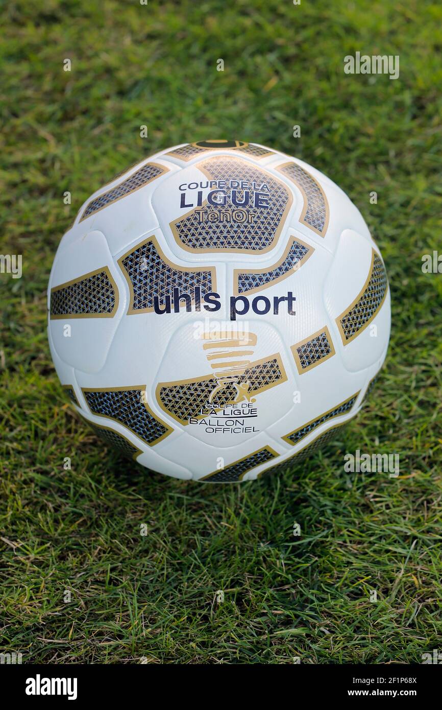 Ball game illustration of Coupe de la Ligue 2016-2017, official ball,  Uhlsport, during the French League Cup 1st round football match between  Stade Lavallois and ES Troyes on August 9, 2016 at