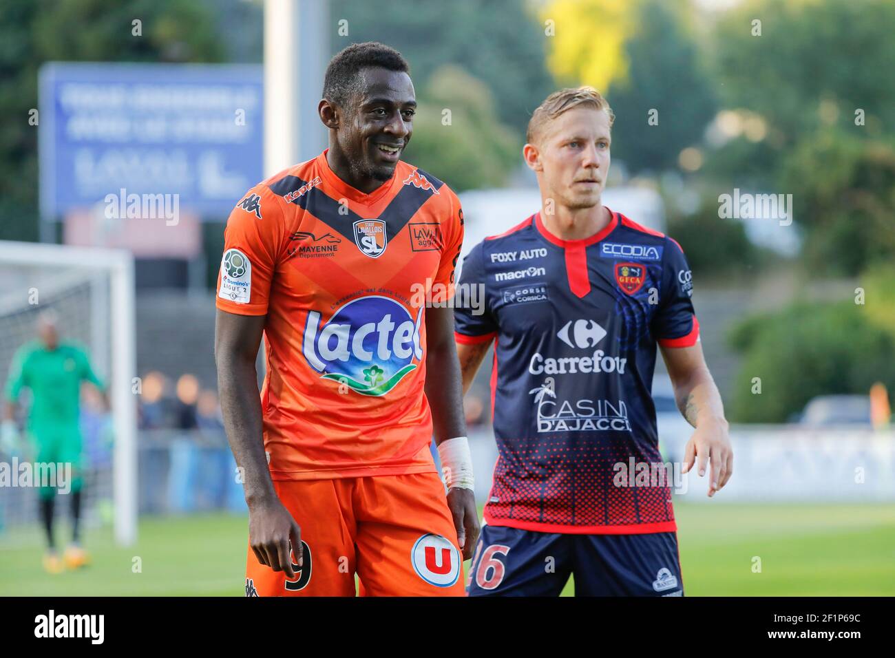 Clarck NSIKULU (Stade Levallois Mayenne FC), Boris Mahon de Monaghan  (Gazelec Football Club Ajaccio) during the League 2 football match between  Stade Lavallois Mayenne FC and GFC Ajaccio at Stadium Francis Le