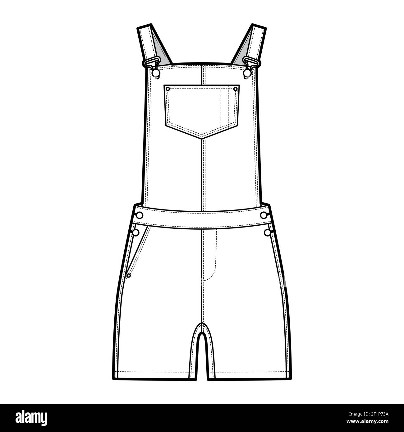 Dungarees Denim overall jumpsuit technical fashion illustration with mini length, normal waist, high rise, pockets, Rivets. Flat apparel front, white color style. Women, men unisex CAD mockup Stock Vector