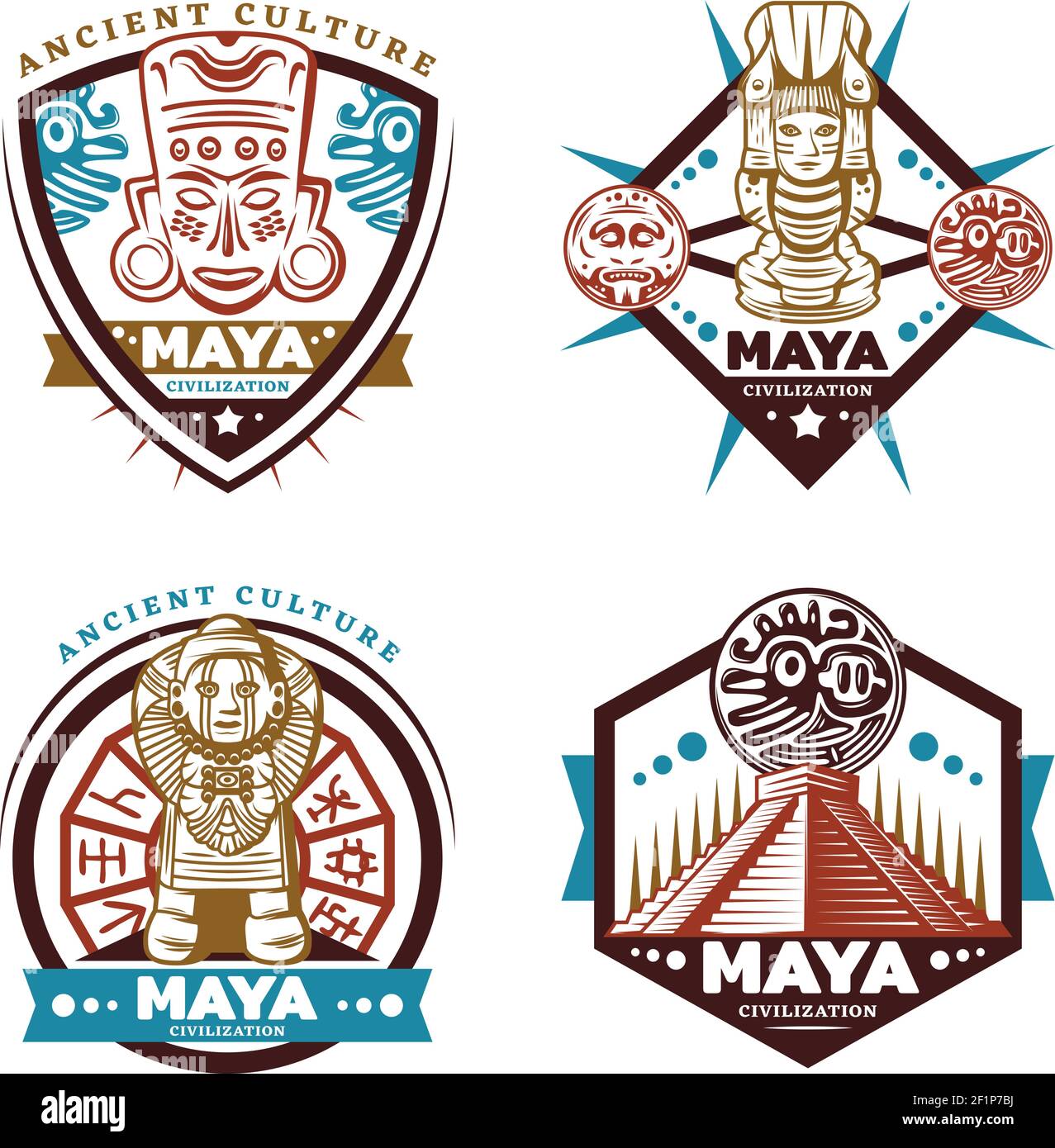 Vintage colored maya civilization emblems set with tribal mask totems