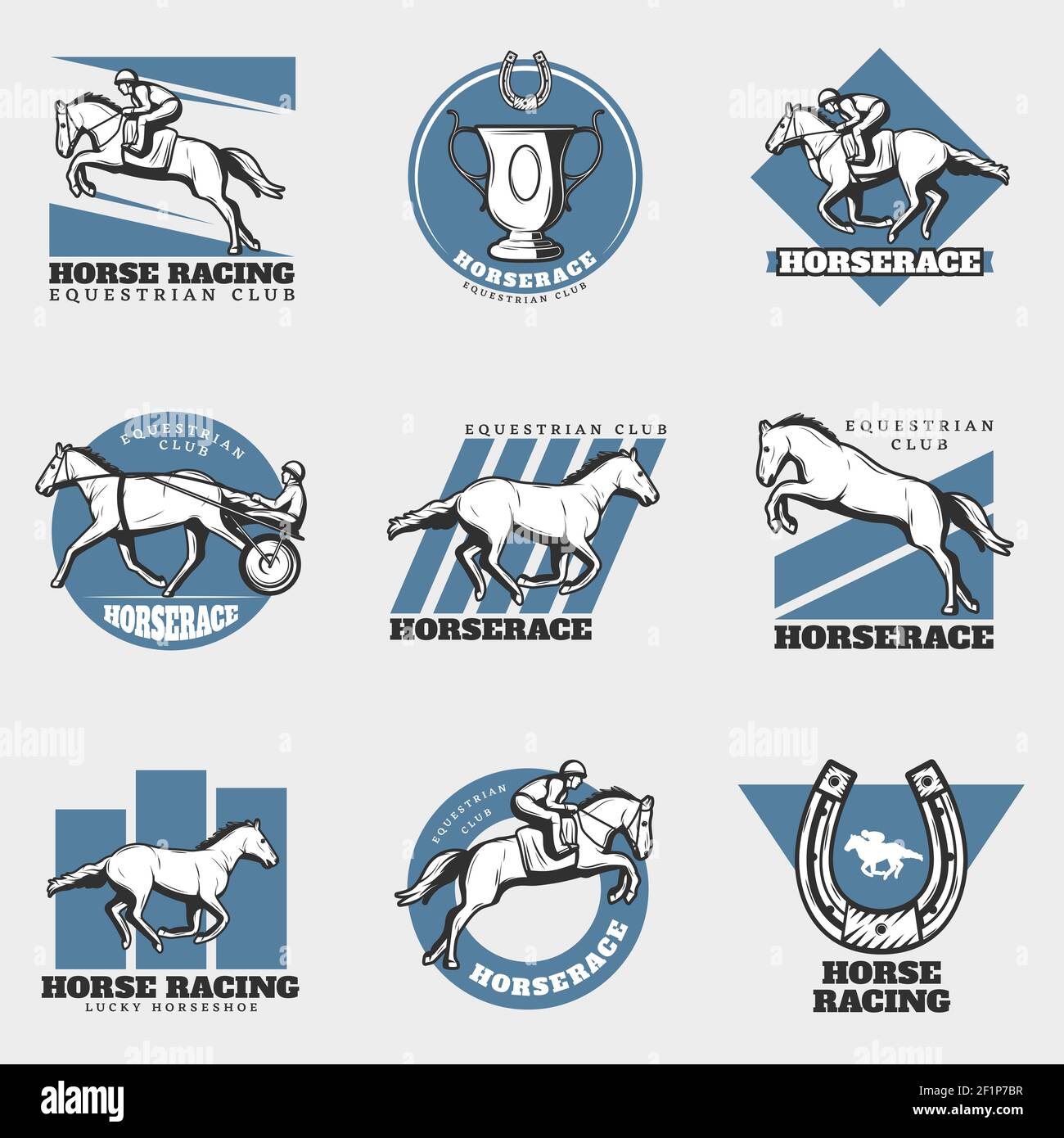 Equestrian sport vintage logos set with horses riders horseshoe and cup