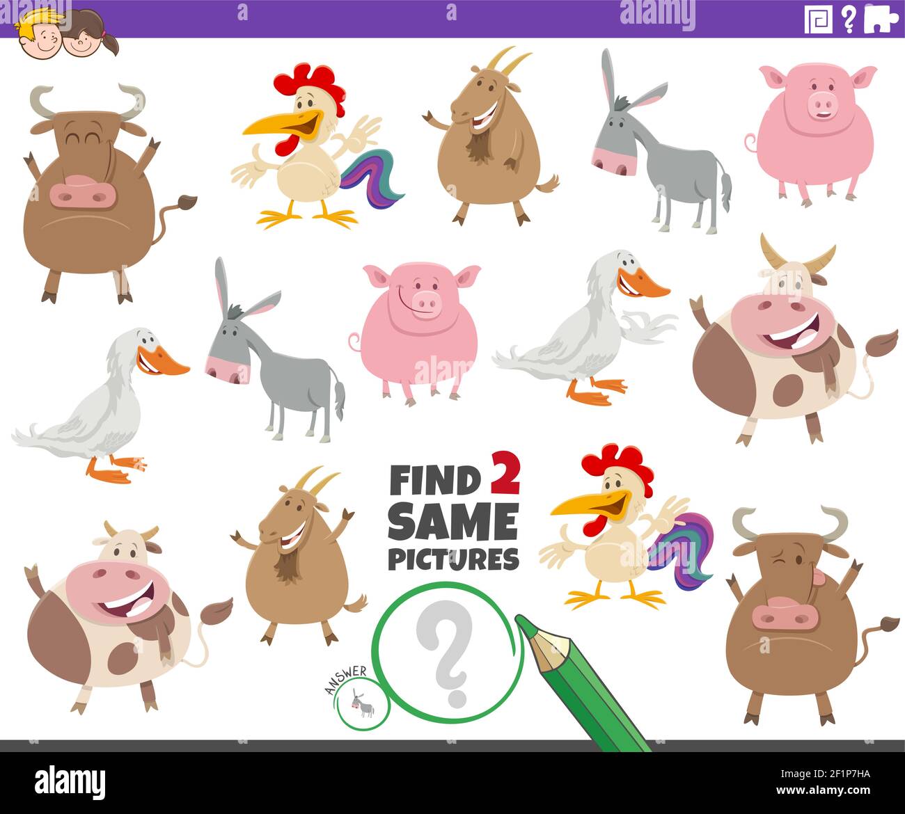 Cartoon illustration of finding two same pictures educational task for ...