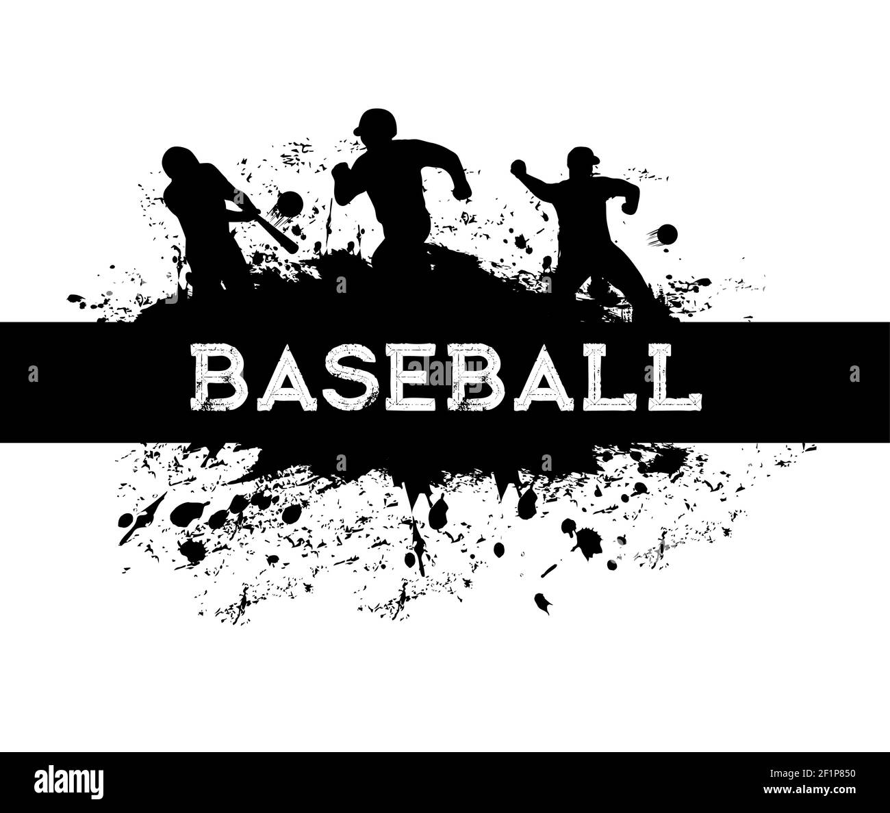 Baseball sport player with bat and ball vector black silhouettes. Baseball team catcher, batter, pitcher and runner pitching, hitting and catching, ba Stock Vector