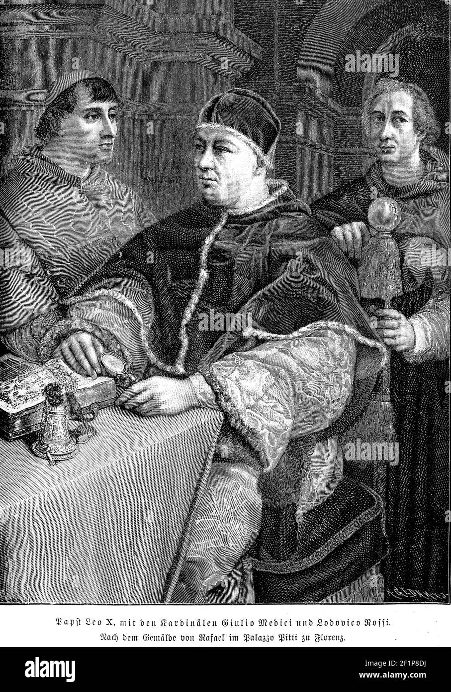 Renaissance Pope Leo X of the Medici family with the cardinals Giulio Medici and Lodovico Rossi, engraving from the painting by Rafael , palazzo Pitti - Florence Stock Photo