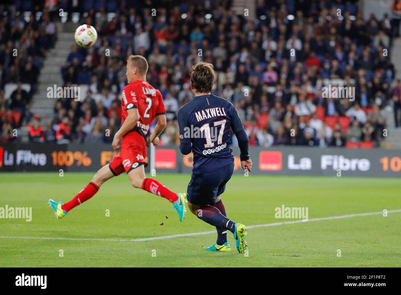 Maxwell Scherrer Cabelino Andrade (psg) kicked the ball on Adam LANG (Dijon Football  Cote-D'Or) during the French Championship Ligue 1, french first league, football  match between Paris Saint-Germain and Dijon FCO on