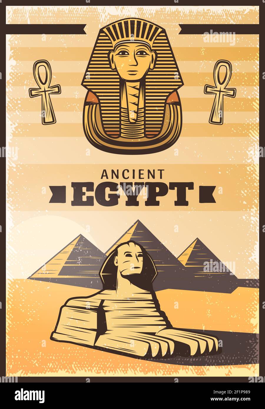 Vintage colored travel Egypt poster with pharaoh mask ankh sphinx on pyramids landscape vector illustration Stock Vector