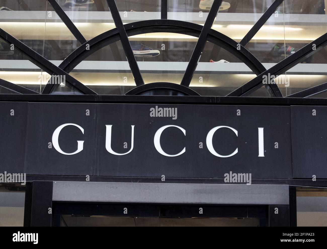 Kiev, Ukraine. 6th Mar, 2021. Gucci logo of a luxury fashion house seen  over the entrance