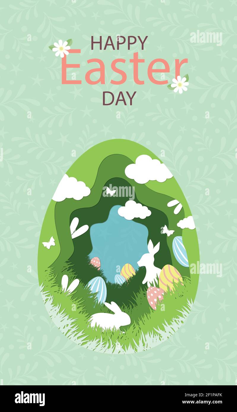 Paper-cut large Easter egg with holiday elements - Vector illustration Stock Vector