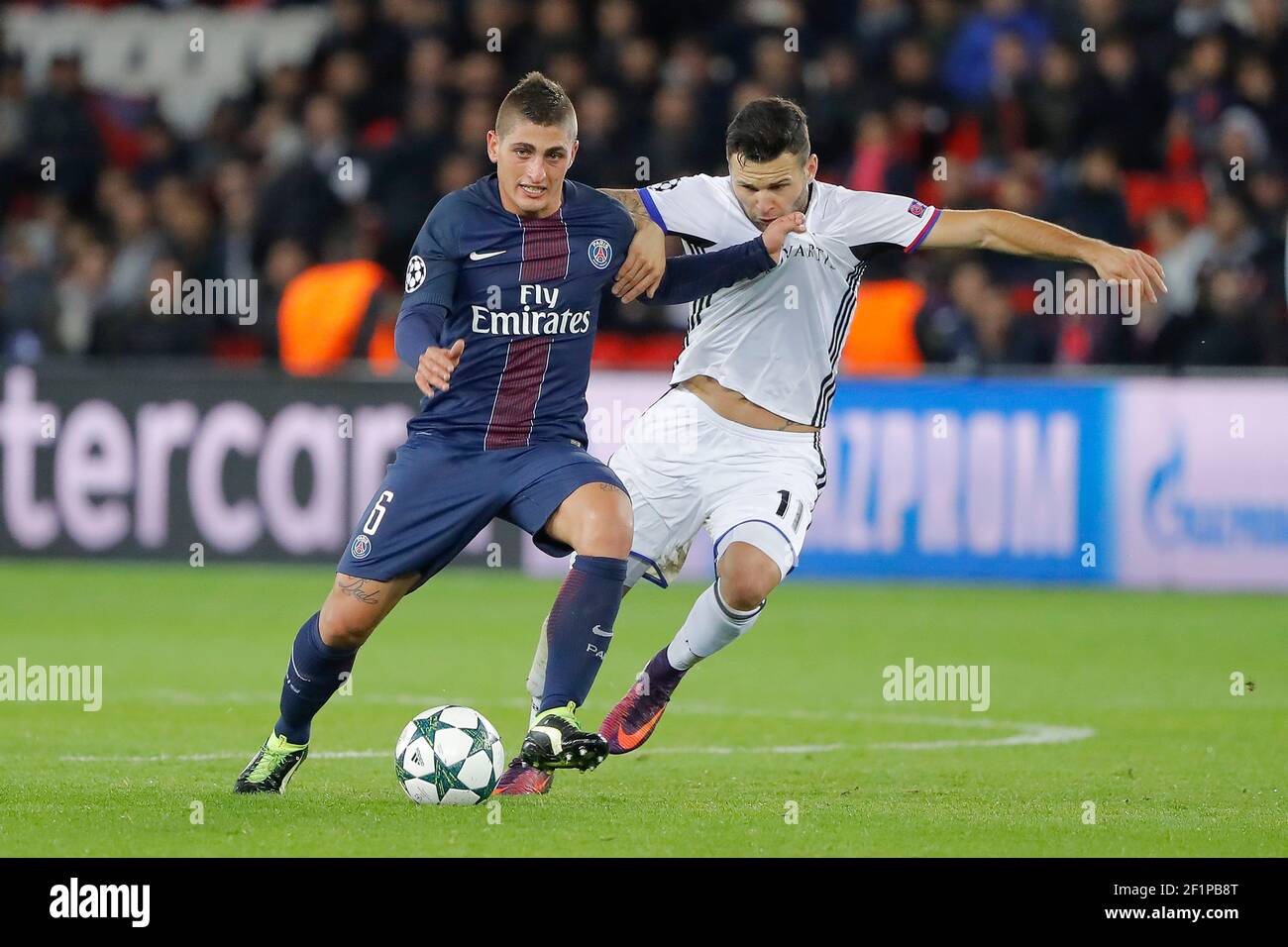Marco Verratti (psg), Geoffroy Serey Die (Fussball-Club Basel - FC Bale)  during the UEFA Champions League, Group A, football match between Paris  Saint-Germain and FC Basel on October 19, 2016 at Parc
