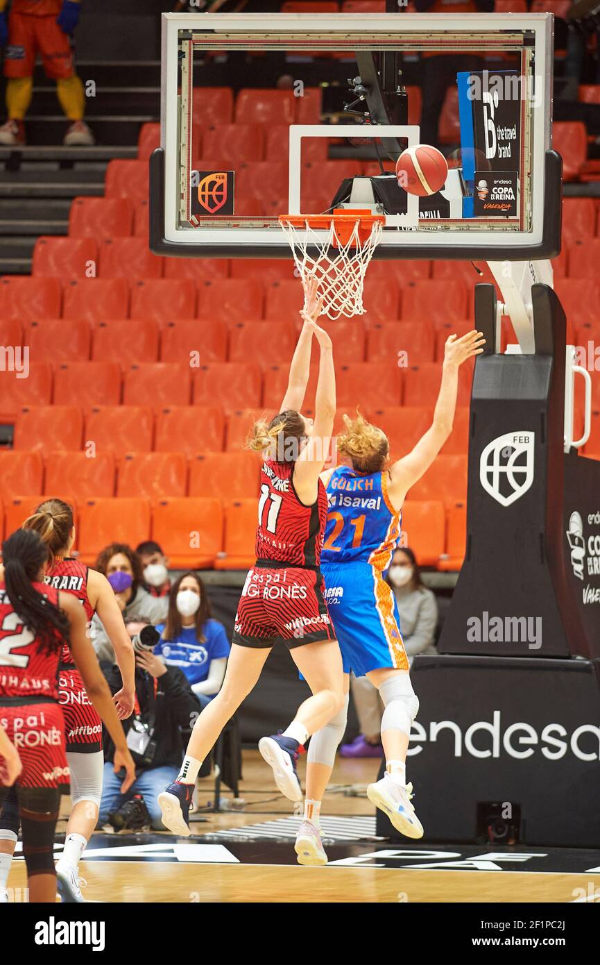 Valencia, Spain. 07th Mar, 2021. Marie Gülich and Giedre Labuckiene in action during the Queen´s Cup Final 2021 match between UNI Girona and Valencia Basket at Fonteta Stadium of Valencia. (Final score: UNI Girona: 72 - Valencia Basket: 62) Credit: SOPA Images Limited/Alamy Live News Stock Photo