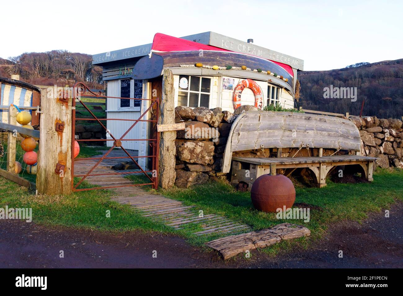 Ice Cream shack with boat roof at Calgary Bay, Isle of Mull, Scotland Stock Photo