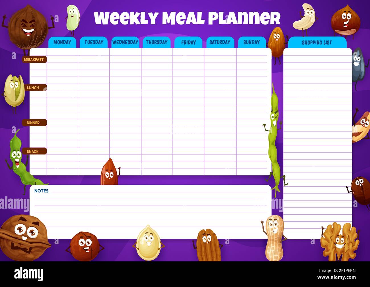 Weekly meal planner, vector week food plan with funny nuts and beans