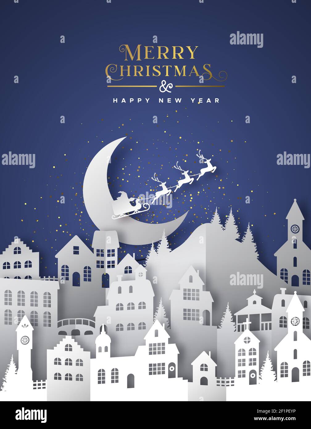 Merry Christmas Happy New Year greeting card illustration of winter xmas  village in layered 3d papercut style. Paper craft city landscape at night  wit Stock Vector Image & Art - Alamy