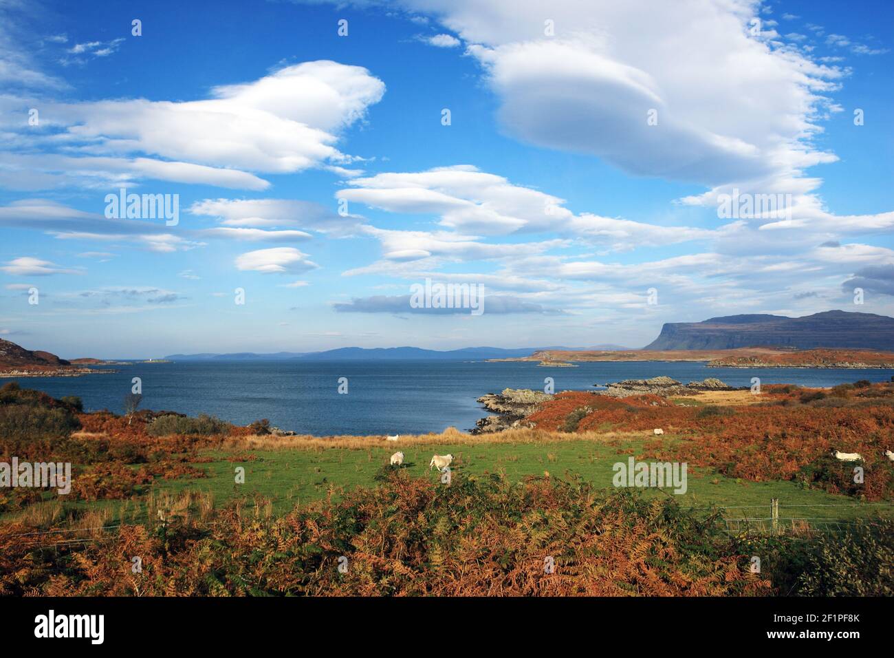 View from the Ross of Mull to the cliffs of The Burg on the Ardmeanach peninsula on the Isle of Mull in Scotland Stock Photo