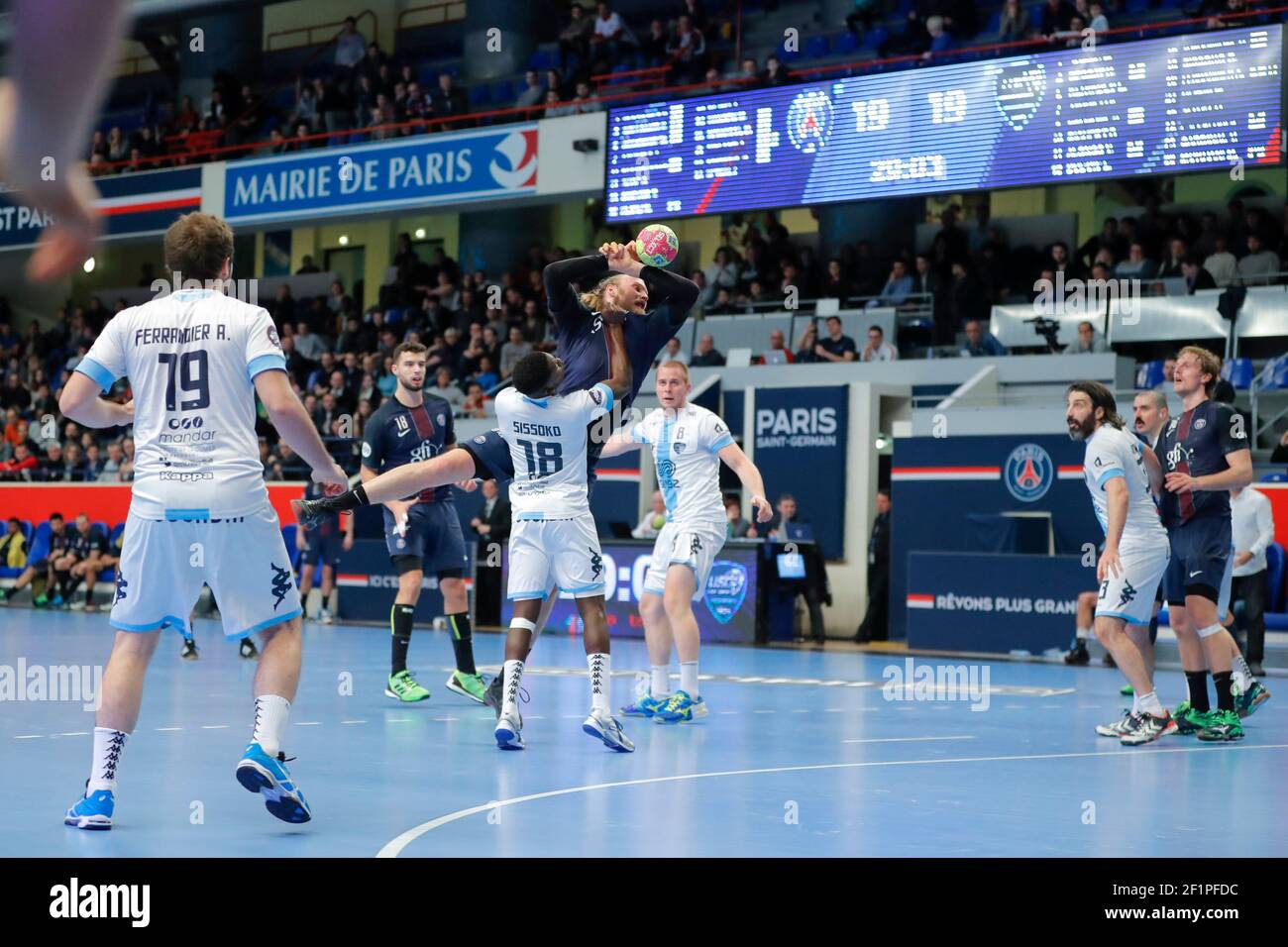 Henrik Mollgaard (PSG Handball) hurted by Boyba SISSOKO (Union Sportive  Creteil Handball - USCHB), Nedim Remili (PSG Handball), Dejan MALINOVIC  (Union Sportive Creteil Handball - USCHB) during the Handball French League  Cup