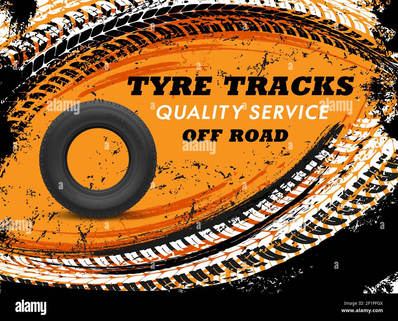 Tyre tracks quality service vector poster, garage mechanics works promo