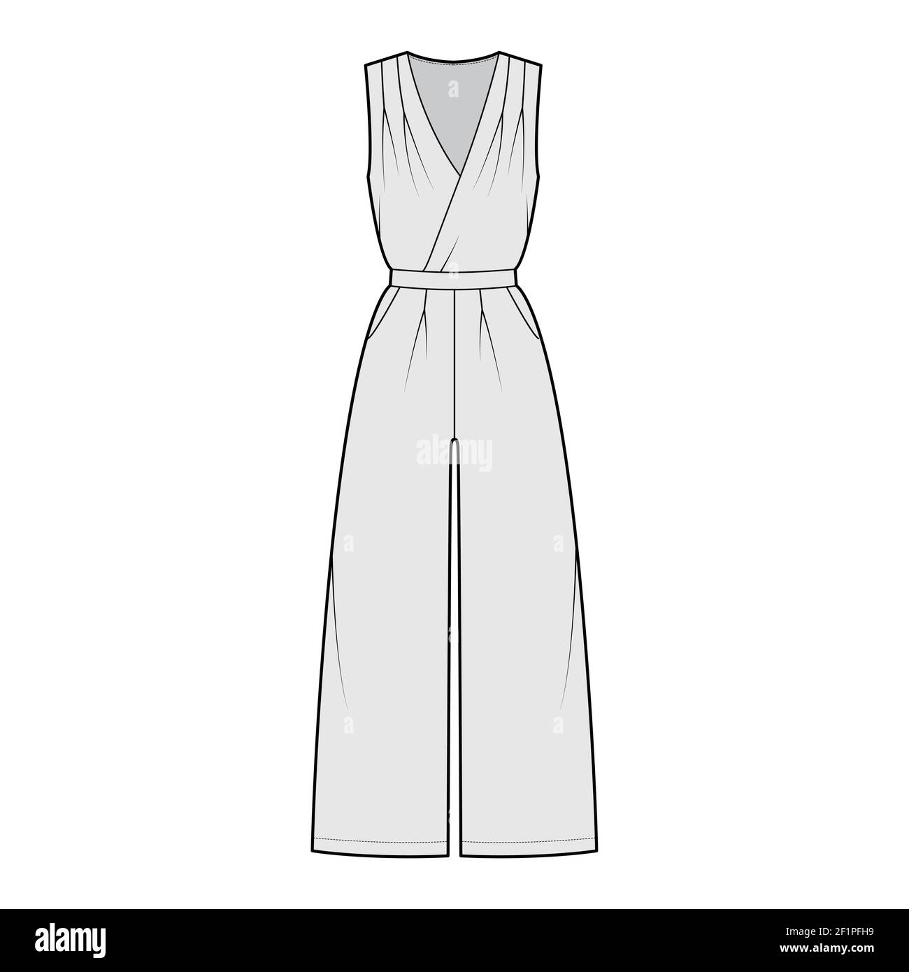 Playsuit romper overall jumpsuit technical fashion illustration with full length, normal waist, high rise, pockets, single pleat. Flat front, grey color style. Women, men unisex CAD mockup Stock Vector