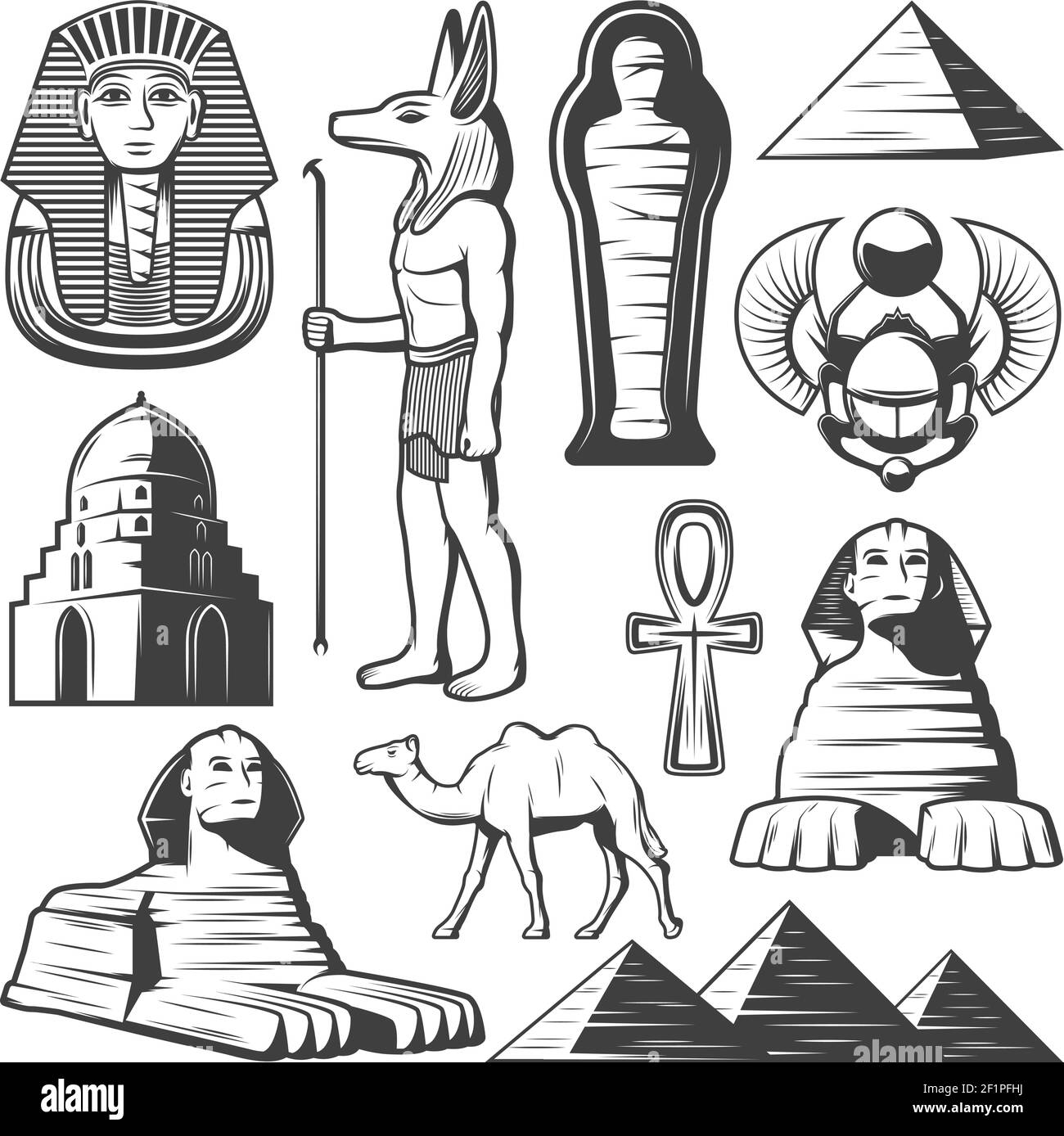 Vintage ancient Egypt elements set with pharaoh sarcophagus ankh scarab sphinx camel pyramids citadel mummy isolated vector illustration Stock Vector