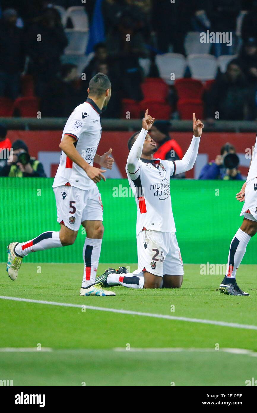 WYLAN CYPRIEN (OLYMPIQUE GYMNASTE CLUB NICE COTE D AZUR - OGC NICE) SCORED  the first goal and celebrated it during the French Championship Ligue 1 football  match between Paris Saint-Germain and OGC